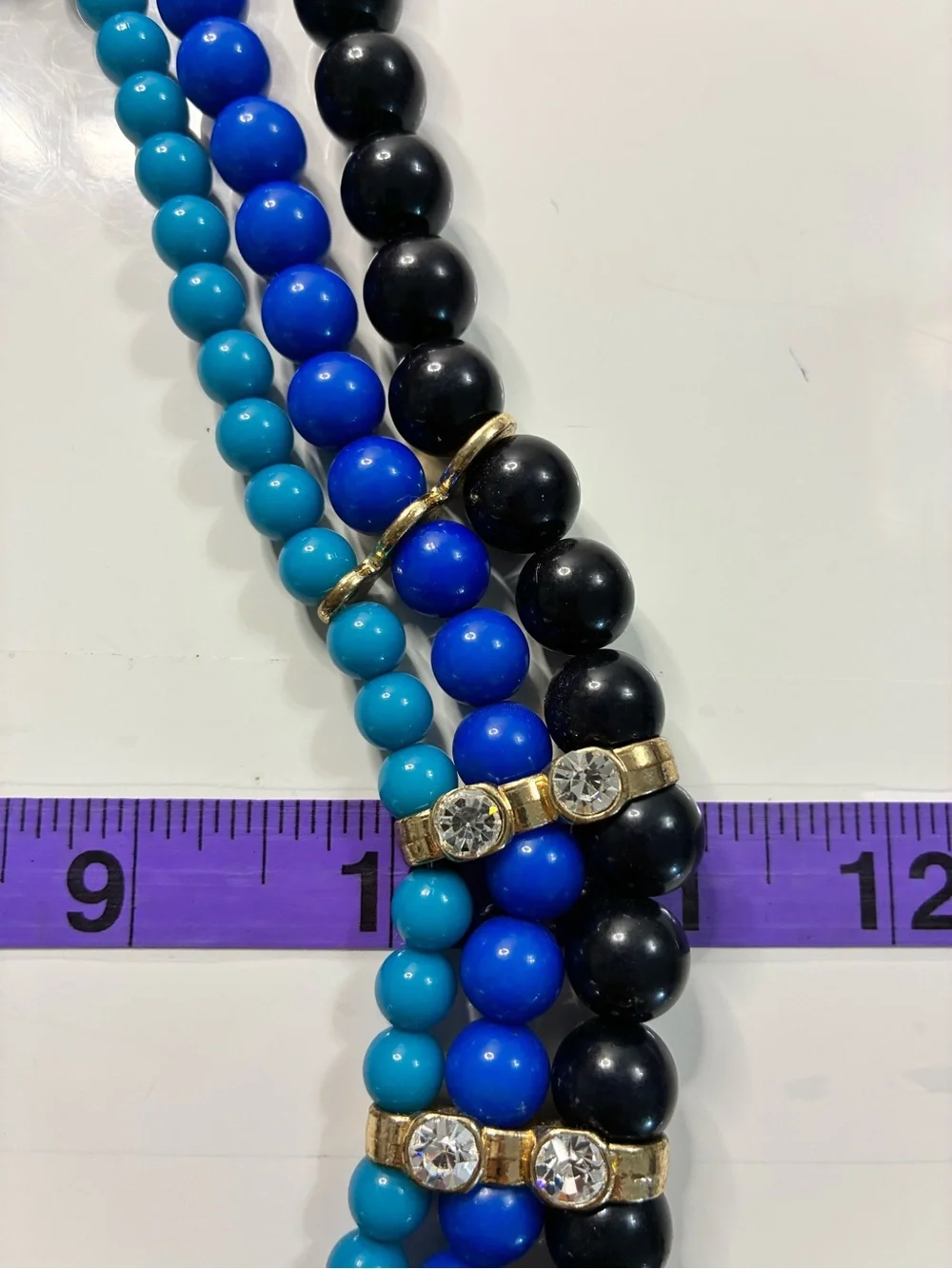 Triple-Strand Blue & Black Beaded Statement Party Necklace with Rhinestones EUC